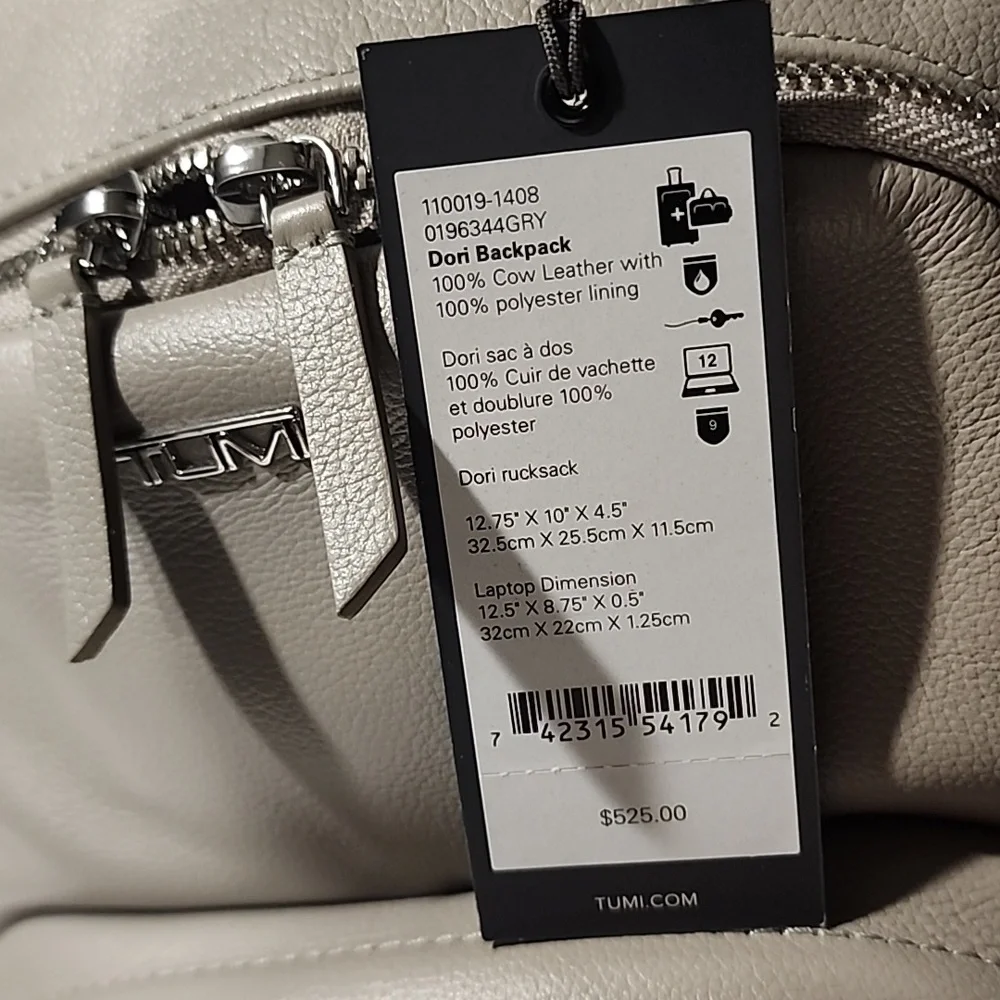 NWT Tumi Voyageur Dori Fine Grain Cow Leather Backpack In Gray